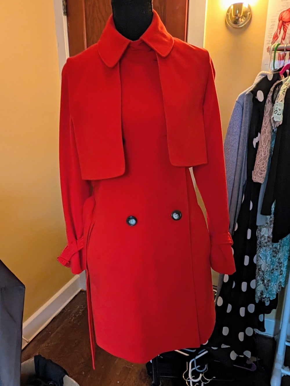 Topshop Red Double-Breasted Pea Coat with Capelet And Belt